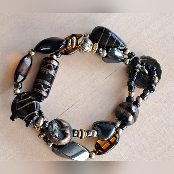 Black & Amber Art Glass, Golden and Hematite Charm Double Strand Beaded Bracelet - Picture 2 of 12